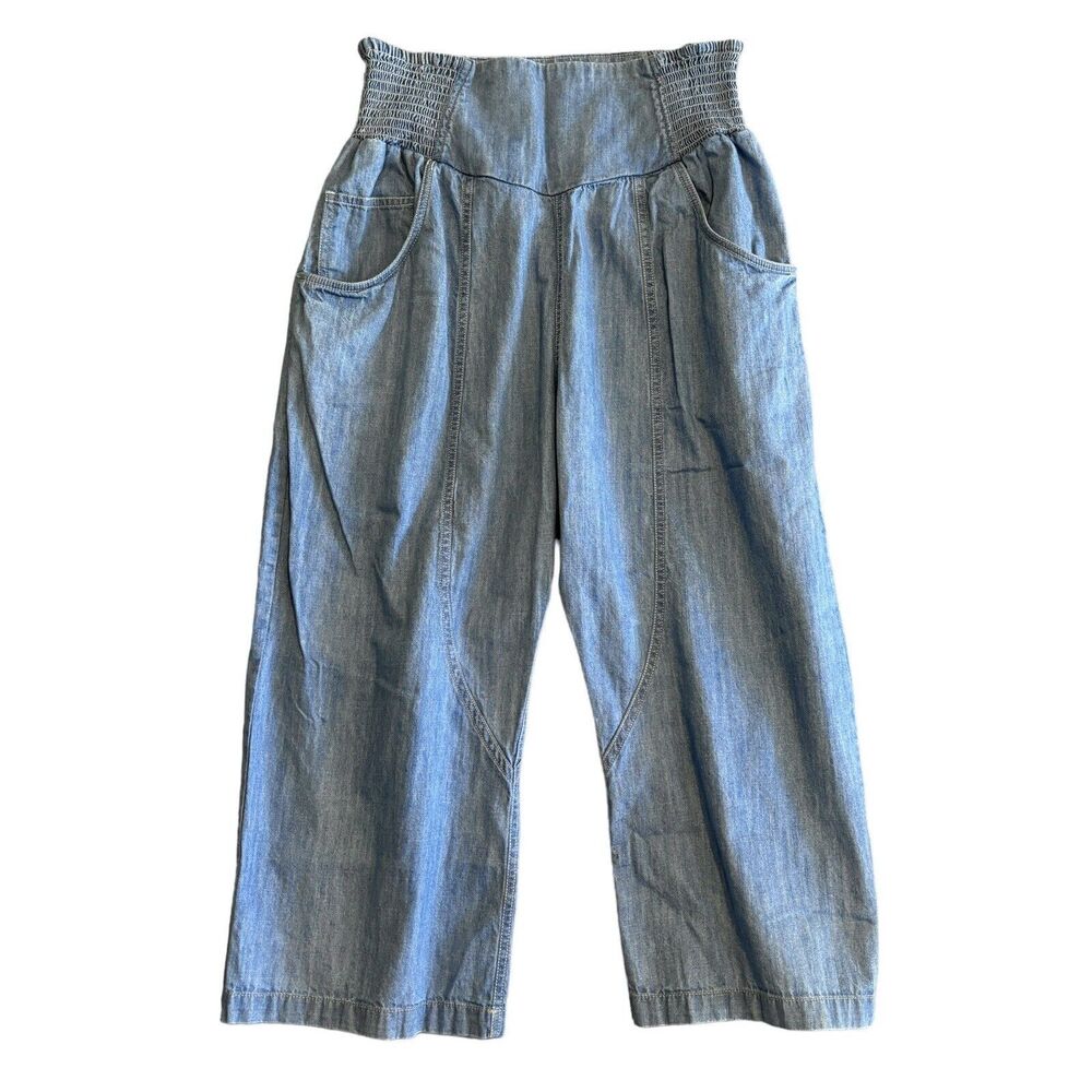 FP We The Free Denim Baggy Pants XS Wide Leg Crop Pull-On Elastic Smocked Waist